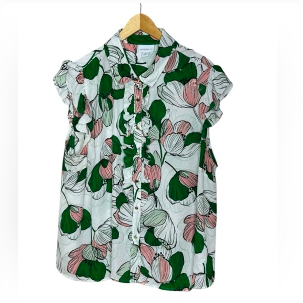 1X Liz Claiborne Green Pink Ruffled Sleeveless Blouse